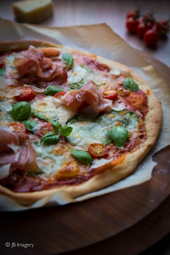Homemade Pizza, basil, parma ham, cheese, tomatoes, JB Imagery Watermark